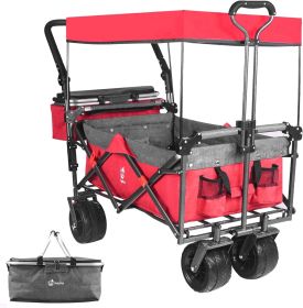 Collapsible Wagon 140L Wagons Carts Foldable With Removable Canopy, Folding Wagon Cart With Wheels For All-Terrain With Brake, Foldable Wagon Wit (Option: Red Gray)