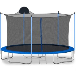 12FT Trampoline For Adults   Kids With Basketball Hoop, Outdoor Trampolines W Ladder And Safety Enclosure Net For Kids And Adults (Option: Blue)