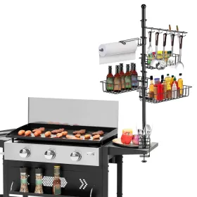 Griddle Caddy Standing Grill Utensil Caddy With Paper Towel Holder Hook Baskets BBQ Accessories Storage Rack Vertical Standing BBQ Organizer Gril (Option: Black)