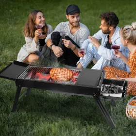 Foldable Charcoal BBQ Grill With Shelf Stainless Steel Grill Net Easy Setup Portable Tabletop Barbecue Grill For Camping Picnic Outdoor Party Bac (Option: Black)