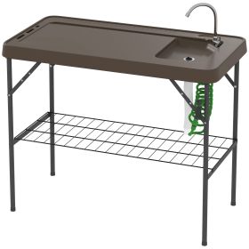 Folding Fish Cleaning Table With Sink, Portable Camping Table With Faucet, Drainage Hose, Sprayer And Shelf, Tan (Option: Black)