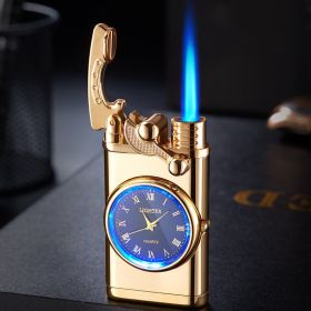 Lighter With Electric Watch Rocker Arm Automatic Ignition Straight Blue Flame Lighter Creative Real Dial Inflatable Windproof Lighter Men's Watch (Color: Gold)