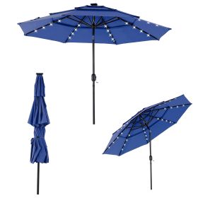 10FT 3-Tier Solar Patio Umbrella With 32 LED Lights, Outdoor Umbrellas With Push Button Tilt And Crank (Option: Blue)